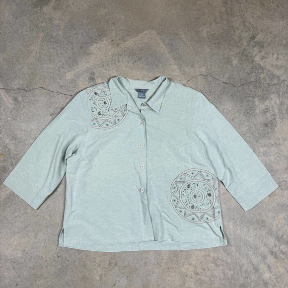 Koret Womens Top Button Front Shirt Embroidered Sun Pattern Floral Linen Blnd XL - Picture 1 of 8